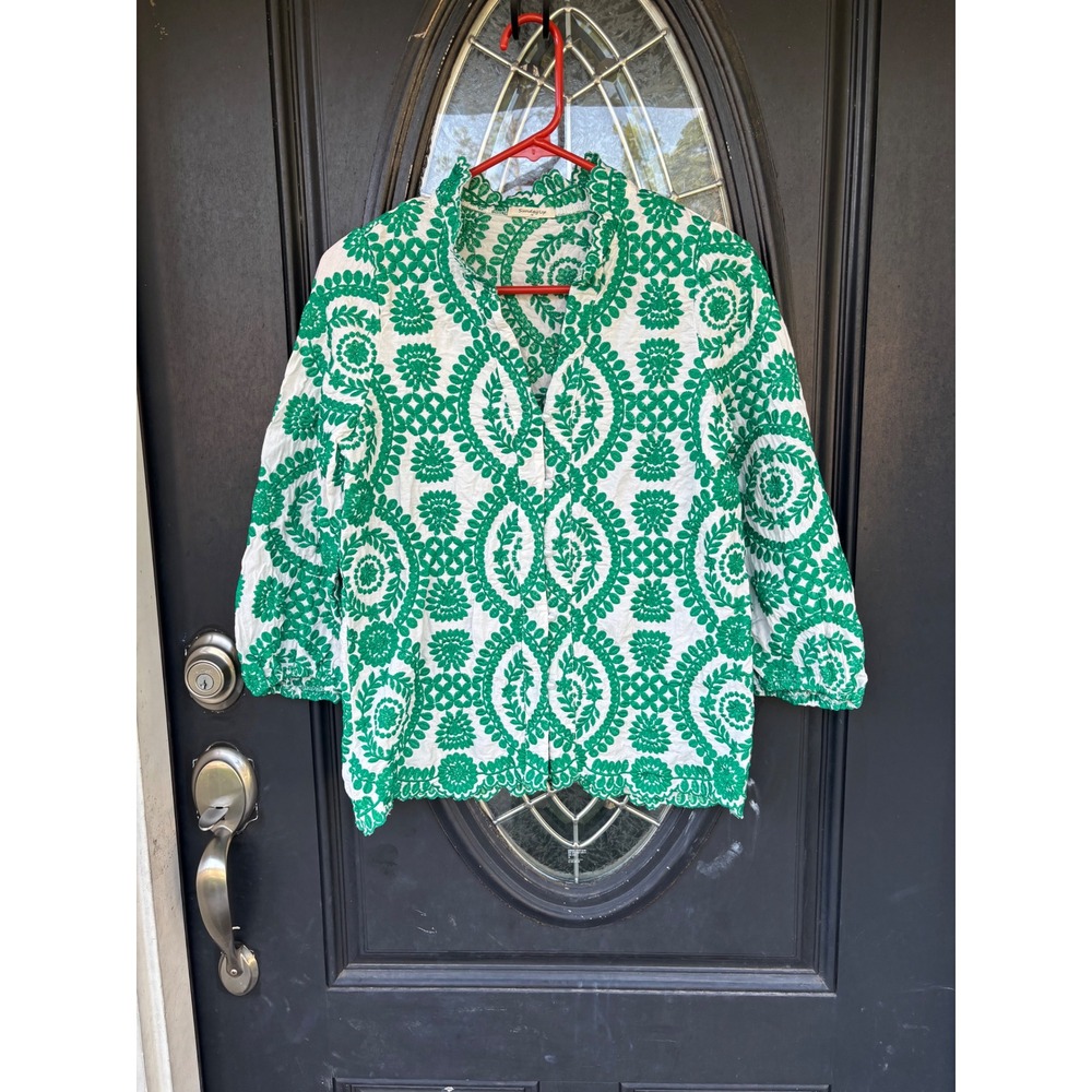Sunday Up Green White Floral Embroidered Ruffle Neck Blouse Pearl Button Medium